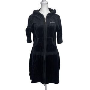 Vintage GUESS JEANS Y2K Black Velour Hoodie Mini Dress Sz M Naughties Streetwear